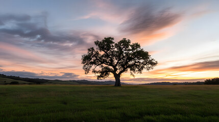 Lone tree in a serene landscape at sunset with vibrant skies and lush green field
