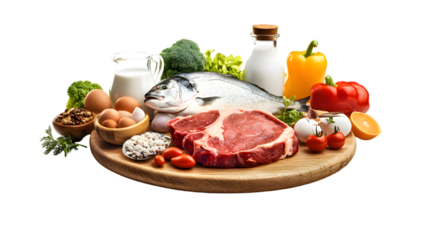 Wooden board with steak, fish, eggs, milk, fruit, vegetables isolated on transparent background