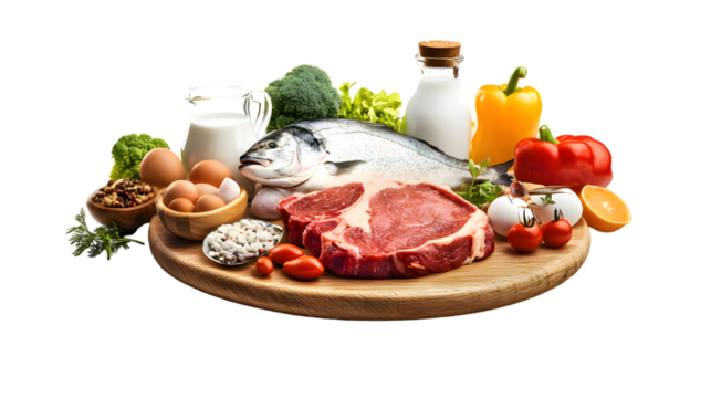 Wooden board with steak, fish, eggs, milk, fruit, vegetables isolated on transparent background - Powered by Adobe