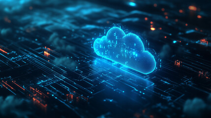 Abstract illustration of cloud security services, stylized cloud icon integrated with a secure padlock symbol, representing data protection and cybersecurity in cloud computing environments.
