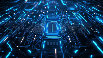 Neon Circuitry: A futuristic motherboard pulses with blue energy, symbolizing the power of technology and innovation.  