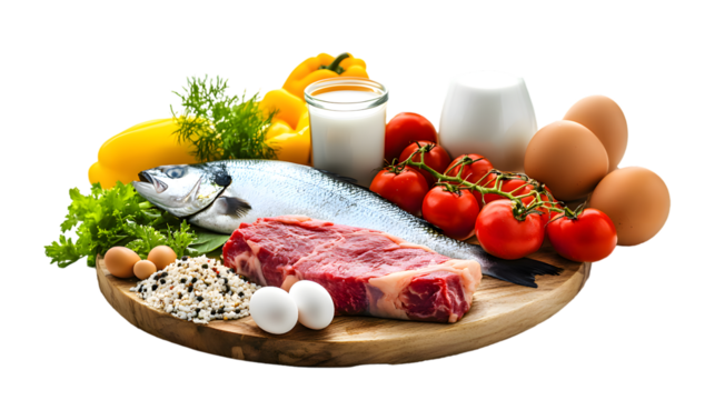 Wooden board with steak, fish, eggs, milk, fruit, vegetables isolated on transparent background