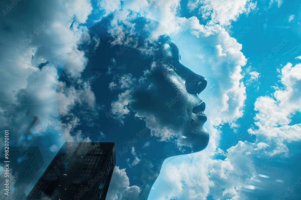 Canvas Prints artistic depiction of a human face formed by clouds, blending with a city skyline beneath. free copy