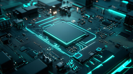Cybernetic Heart: A futuristic CPU pulsates with teal energy, the intricate circuitry of a motherboard illuminated in a 3D render, symbolizing the power and complexity of modern technology. 