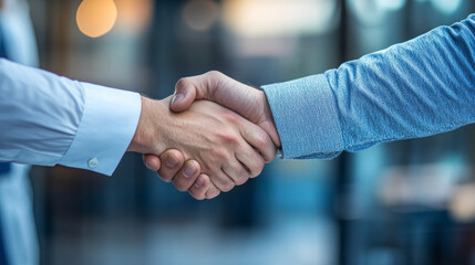 Business professionals engaging in a handshake above a table, symbolizing agreement for greeting, meeting, or partnership.This moment highlights collaboration and gratitude, representing a mature boss