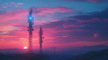 Digital Sunset: Communication towers pierce a vibrant, neon-infused sky as the sun sets, casting an ethereal glow over a misty landscape. 