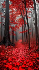 A Serene Pathway Through a Foggy Forest Blanketed With Vibrant Red Leaves During Autumn
