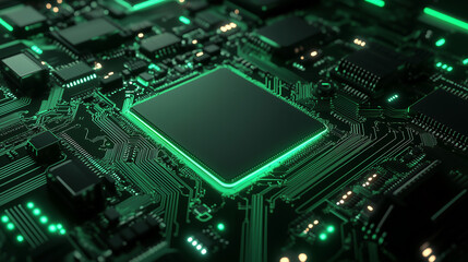 Neon Green Circuitry: A high-tech CPU glows with power, surrounded by intricate circuitry in a 3D render