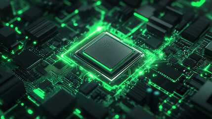 The Heart of Tech: A close-up, abstract image of a computer processor glowing with green light, emphasizing the power and complexity of modern technology. The intricate circuitry and glowing core evok