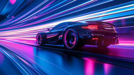 Neon Velocity: A futuristic sports car races through a vibrant, light-streaked tunnel, embodying speed and cutting-edge automotive design. 