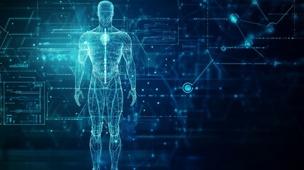 Digital Anatomy:  A futuristic rendering of a human body, constructed from glowing lines and data points, represents the merging of biology and technology in a captivating abstract art piece.
