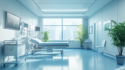 Modern Hospital Room: A sterile and clean hospital room with a bed, medical equipment, plants, and a large window with a view of the city.  The room is bathed in natural light, creating a sense of hop
