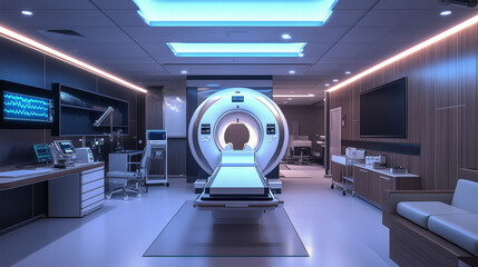 Cutting-Edge Diagnosis: A state-of-the-art MRI machine stands at the heart of a modern medical imaging center, bathed in cool blue light, promising advanced healthcare and precise diagnostics.