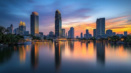 Obraz premium Mahanakorn skyscraper, an iconic modern building, stands tall in Bangkok's Sathorn business district, overlooking Sathorn Square's commercial office complex and the W Hotel.
