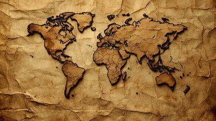 Detailed Vintage World Map on Aged Paper Showcasing Continents and Major Landmarks, Emphasizing Geographical Features and Textures