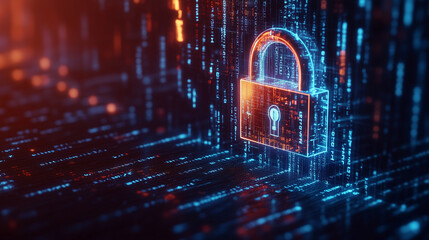 Digital Fortress: A glowing padlock, forged from binary code, stands guard against a backdrop of cascading data streams, representing the future of cybersecurity and data protection. 