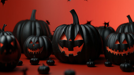 Black Pumpkin Halloween: A haunting and captivating 3D rendering of black pumpkins with menacing grins and glowing eyes, set against a vibrant red background.  The scene is filled with a sense of myst
