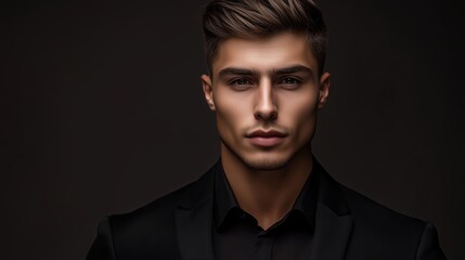 Obraz premium Portrait of a young man dressed in a black suit with a serious expression set against a dark background