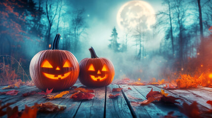 Pumpkins for Halloween. Halloween pumpkin lanterns on a wooden table. Decoration on the eve of All Saints' Day.