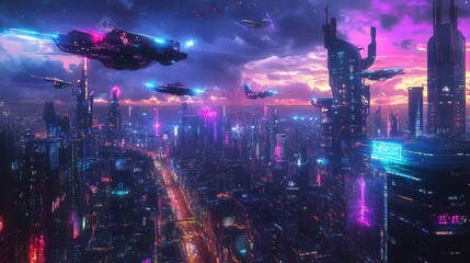 Fototapeta premium A futuristic cityscape with neon lights, flying cars and a purple sky.