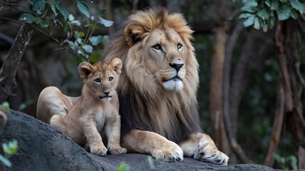 Obraz premium A lion and its cub are sitting together in jungle