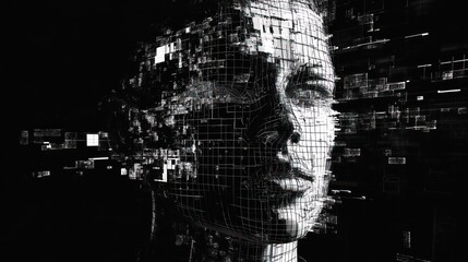 Obraz premium A digital representation of a human face dissolving into abstract data forms.