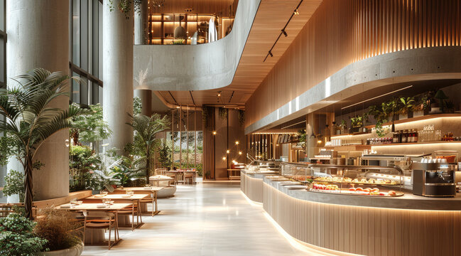 Interior of a food court in a shopping mall designed in a minimalist contemporary style with light beige tones. Generative AI.