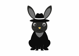 A black rabbit logo, icon with a hat on its head on a white background 