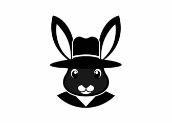 A black rabbit logo, icon with a hat on its head on a white background 