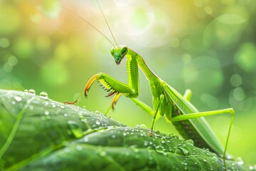 A green praying mantis on a leaf. AI.