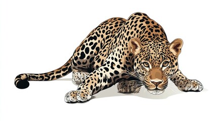 Elegant leopard vector illustration in a crouching pose, with intricate spot detailing, designed on a white background