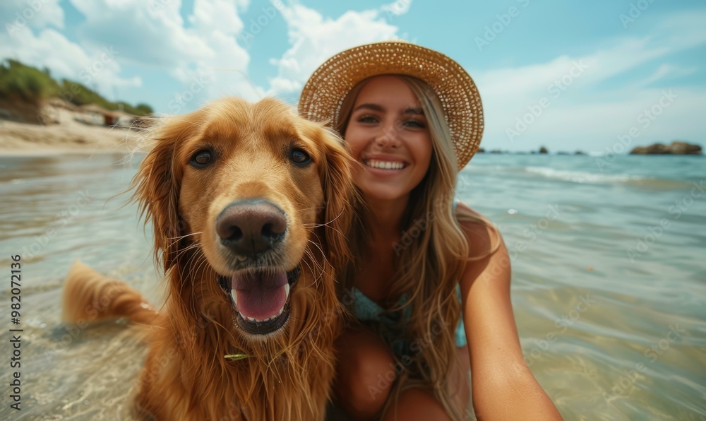 Sticker Golden retriever and woman having fun in the water. AI.