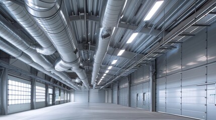 Industrial Building Interior with Metal Pipes and Doors