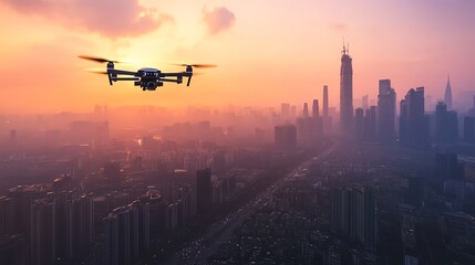 Drone flying over a hazy cityscape at sunset.