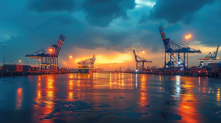 Obraz premium View of the sea port at night, cranes for loading cargo on ships, beautiful sky. Generative AI.