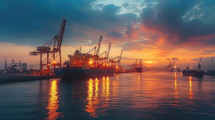 Obraz premium View of the sea port at night, cranes for loading cargo on ships, beautiful sky. Generative AI.