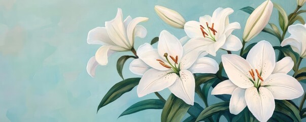 White lilies in full bloom, artistic brushstrokes, soft petals, watercolor style