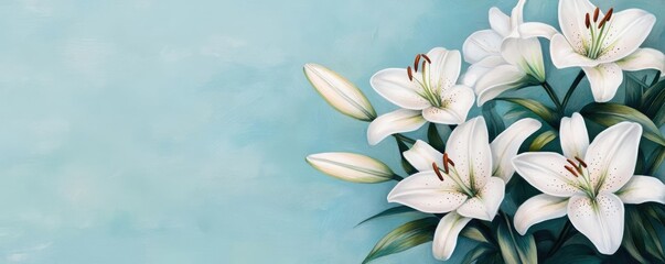 Fototapeta premium White lilies in full bloom, artistic brushstrokes, soft petals, watercolor style