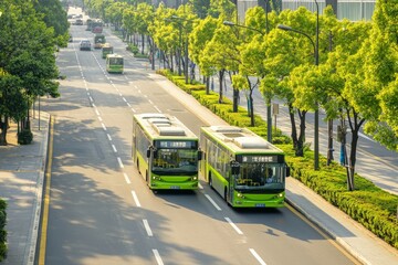 Obraz premium A Sustainable City Street Features Electric Buses. The Buses Run Quietly And Efficiently, Reducing Urban Pollution