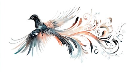 Obraz premium Vector art of a bird with flowing feathers and intricate patterns, set in a clean, striking pose against a white background