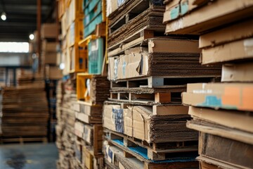 Obraz premium Stacks of Cardboard Pallets Organized in a Warehouse With Natural Light Streaming Through the Windows