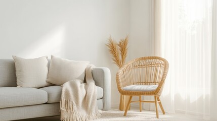 Cozy living room featuring a stylish sofa, rattan chair, and soft textiles, perfect for relaxation and comfort.