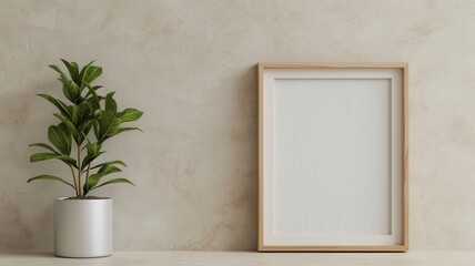 A minimalist decor scene featuring a blank picture frame beside a potted plant against a textured wall.
