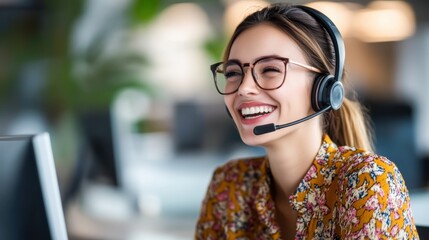 Cheerful woman with headset smiling while using computer in modern office. Great for showcasing customer service and communication.