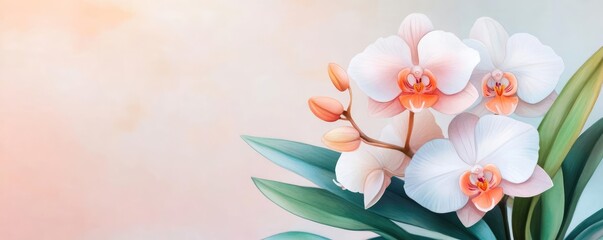 Naklejka premium Orchid flowers, delicate sketch lines, soft hues, serene watercolor style