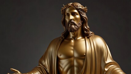 Obraz premium The Glorious image of Jesus Christ in golden color theme, luxurious decorations of Jesus Christ imagery rising with faith to join the heavenly realm, good for multimedia content