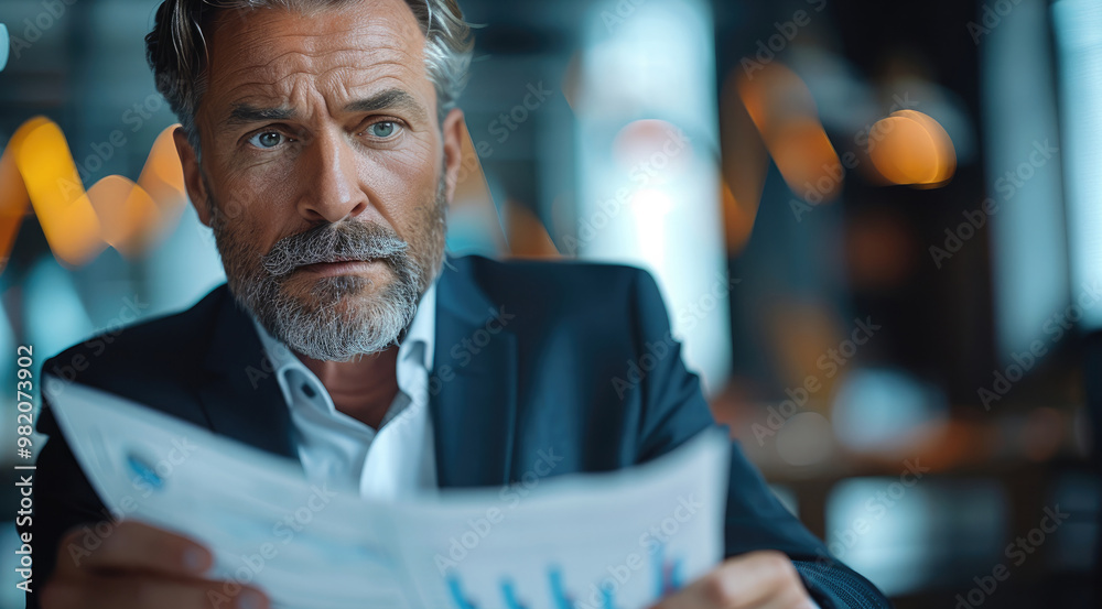 Sticker A senior executive in a suit reading financial regulations document, focused and serious expression, in a modern office setting with blurred financial charts in the background. Generative AI.