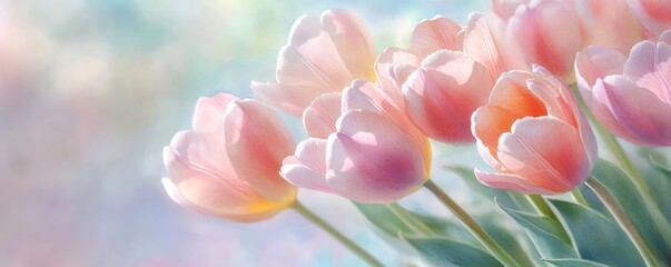 Tulips in bloom, soft pastel buds, subtle brushstrokes, watercolor garden scene