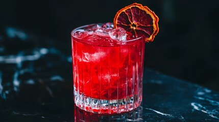 Glass of red cocktail with ice and dried orange garnish