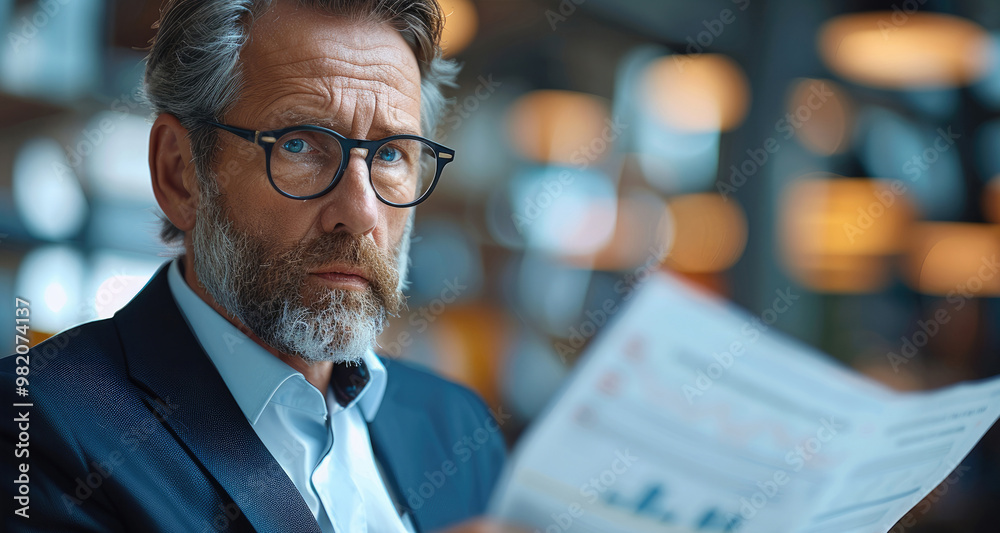 Poster a senior executive in a suit reading financial regulations document, focused and serious expression,